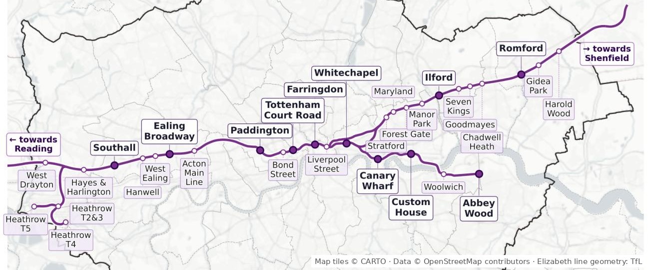 Elizabeth line route and stations within central London.