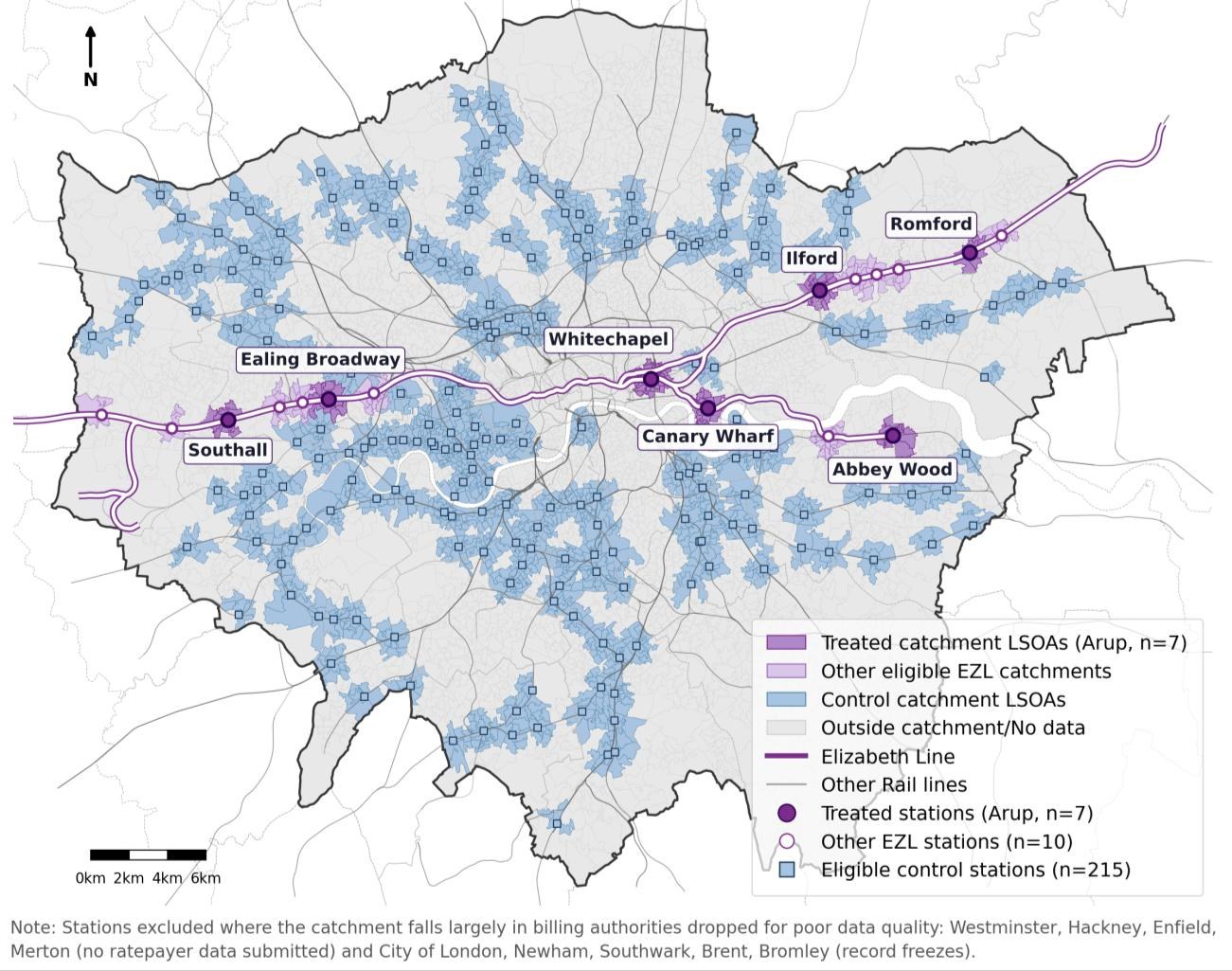 Map of Greater London showing the Elizabeth line, seven Arup treated stations with their catchments in purple, ten other Elizabeth line catchments in light purple, and 215 eligible control station catchments in blue.