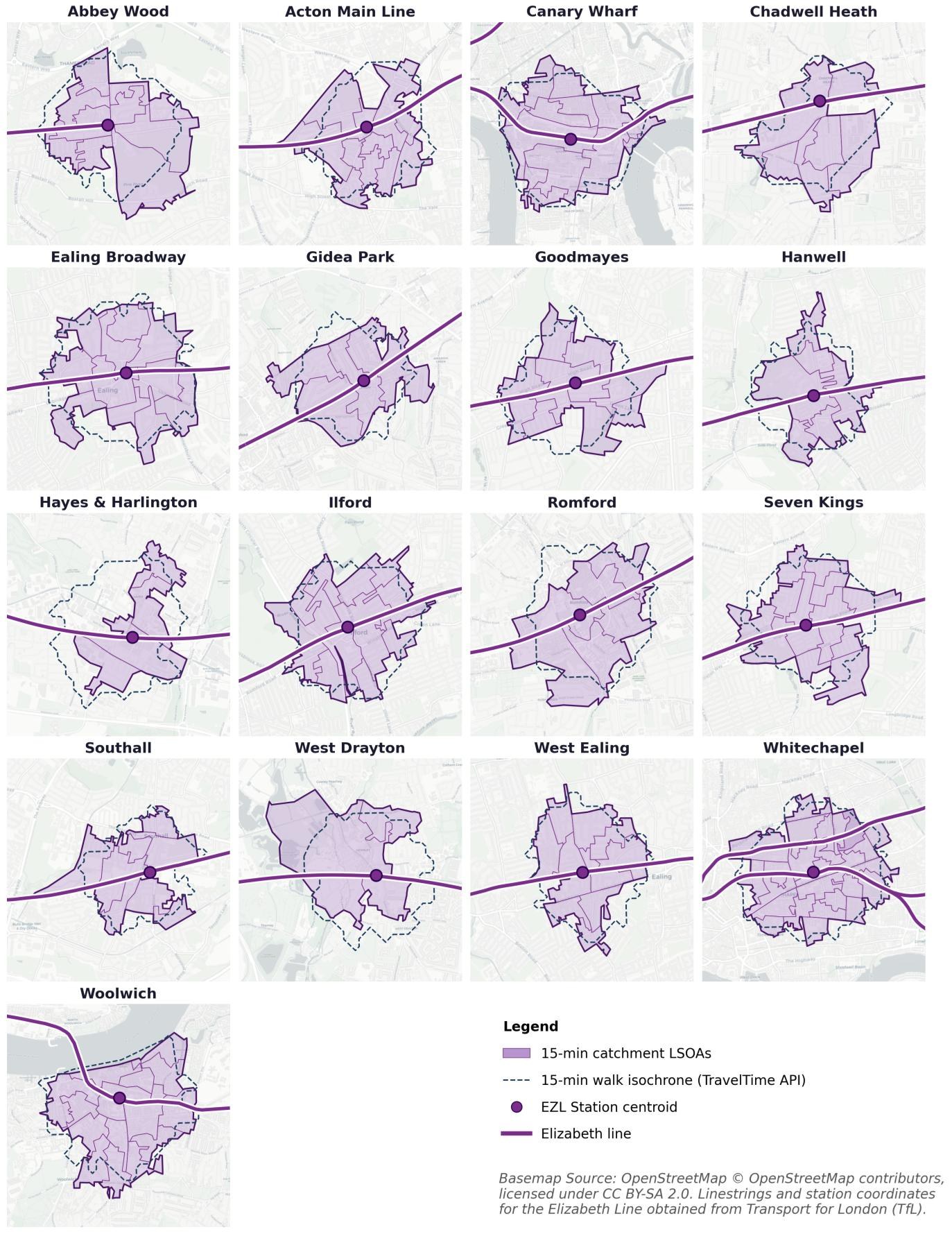 Small-multiple maps of the 17 treated Elizabeth line stations, each showing its 15-minute walking isochrone and the LSOAs whose centroids fall inside it.